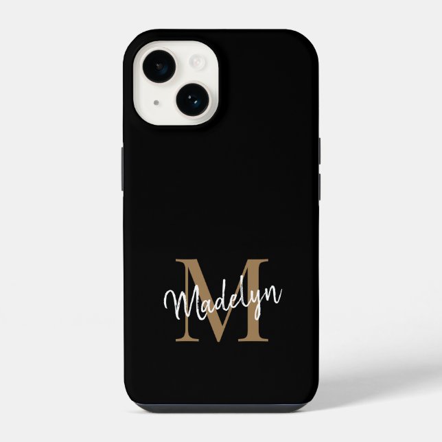 Modern Black Gold Monogram Feminine Script Name iPhone Case (Back)