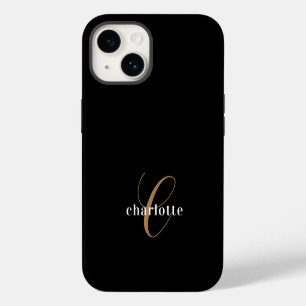 Modern Black Gold Monogram Feminine Script Name iPhone 14 Case