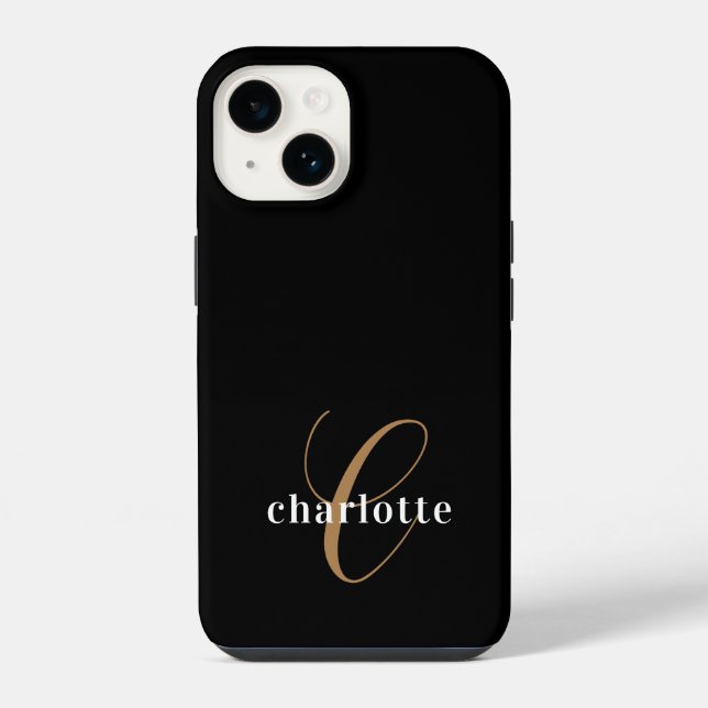 Modern Black Gold Monogram Feminine Script Name  iPhone Case (Back)