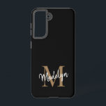 Modern Black Gold Monogram Feminine Script Name Samsung Galaxy Case<br><div class="desc">Modern Black Gold Monogram Feminine Script Name Phone Case. Easily personalise this modern elegant phone case with your custom monogram and name.</div>