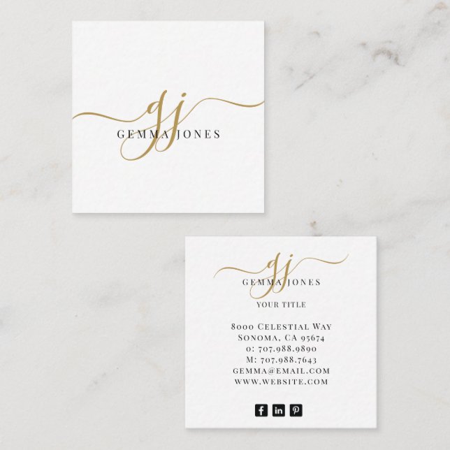 Modern Black Gold Monogram Feminine Script Name Square Business Card (Front/Back)