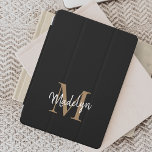 Modern Black Gold Monogram Feminine Stylish Script iPad Mini Cover<br><div class="desc">Modern Black Gold Monogram Feminine Stylish Script iPad Air Cover. Easily personalise this modern elegant ipad air cover with your custom monogram and name.</div>