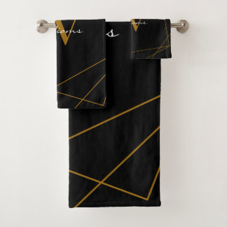 Modern Black Gold Monogram Geometric Name Script Bath Towel Set