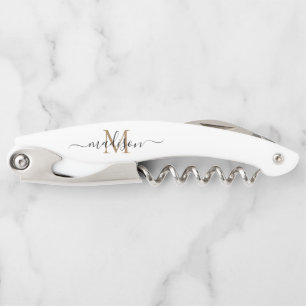 Modern Black Gold Monogram Girly Script Name Corkscrew