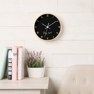 Modern Black Gold Monogram Home Office Decor Wood Clock
