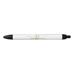 Modern Black Gold Monogram Initial Script Name Black Ink Pen