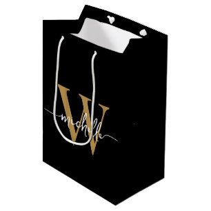 Modern Black Gold Monogram Initial Stylish Script Medium Gift Bag