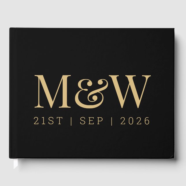 Modern Black Gold Monogram Initials Wedding Guest Book (Front)