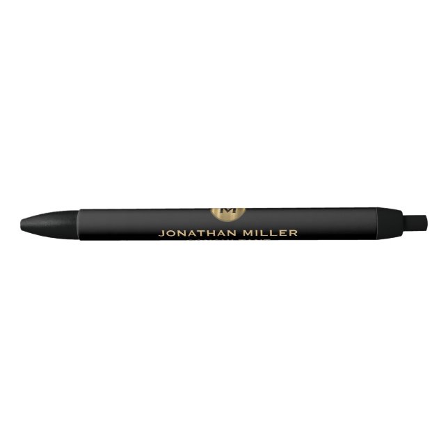 Modern Black Gold Monogram Ink Pen (Front)