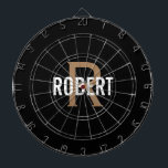 Modern black gold monogram name dartboard<br><div class="desc">Modern black dart board with a white name and gold monogram. Personalise with name and initial.</div>