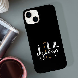 Modern Black Gold Monogram Name iPhone 14 Case