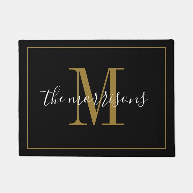 Modern Black Gold Monogram Newlyweds Wedding Doormat (Front)