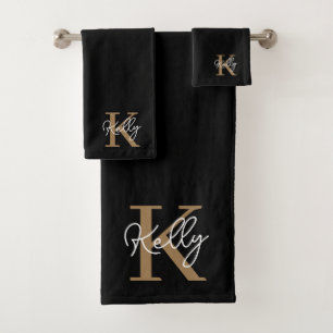 Modern Black Gold Monogram Script Bath Towel Set