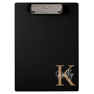 Modern Black Gold Monogram Script Clipboard