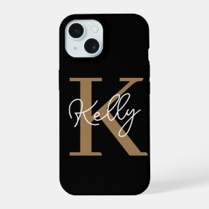 Modern Black Gold Monogram Script iPhone 15 Case