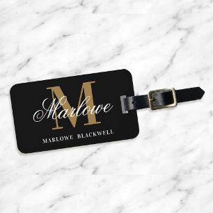 Modern Black Gold Monogram Script Luggage Tag