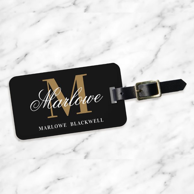 Modern Black Gold Monogram Script Luggage Tag (Creator Uploaded)