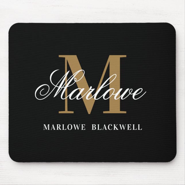 Modern Black Gold Monogram Script Mouse Mat (Front)