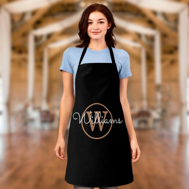 Modern Black Gold Monogram Script Name Apron (Creator Uploaded)