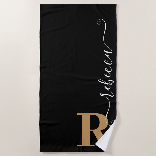 Modern Black Gold Monogram Script Name Beach Towel (Front)
