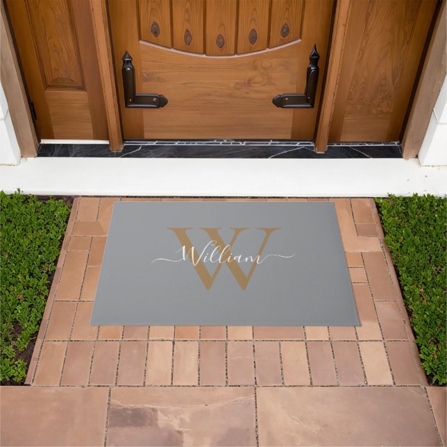 Modern black gold  monogram script name doormat (Outdoor)