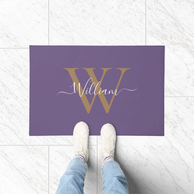 Modern black gold  monogram script name doormat (Indoor)
