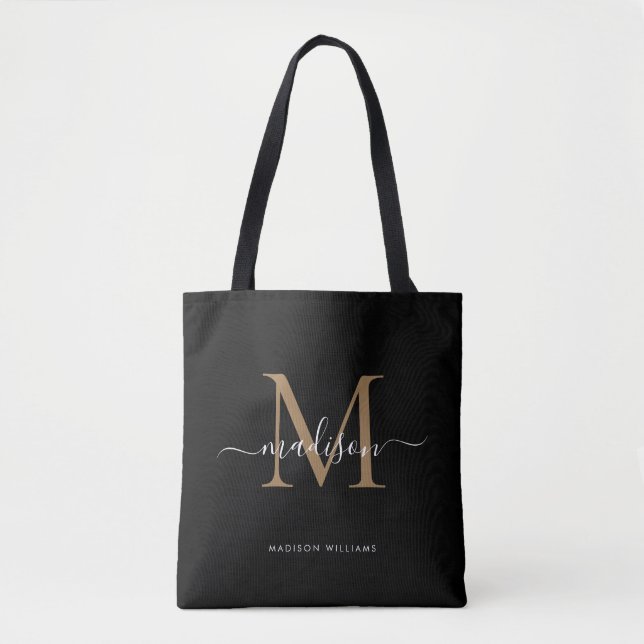 Modern Black Gold Monogram Script Name Initial Tote Bag (Front)