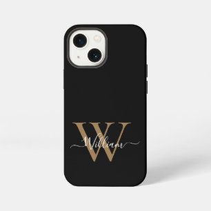 Modern black gold monogram script name iPhone 13 mini case