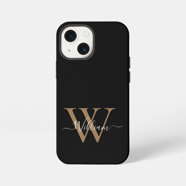 Modern black gold  monogram script name iPhone case (Back)