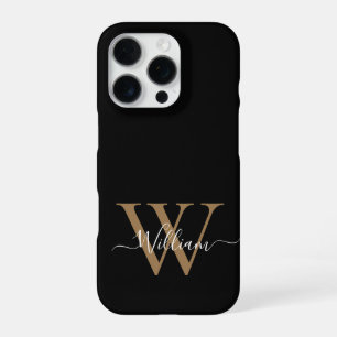 Modern black gold  monogram script name iPhone 16 pro case