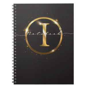 Modern Black Gold Monogram Script Name  Notebook