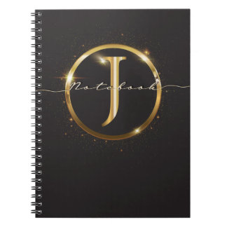 Modern Black Gold Monogram Script Name Notebook