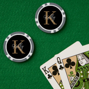 Modern Black Gold Monogram Script Poker Chips