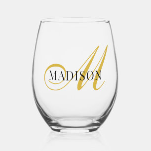 Modern Black Gold Monogram Script Stemless Wine Glass