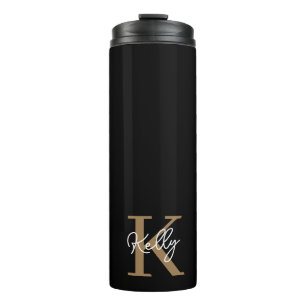 Modern Black Gold Monogram Script Thermal Tumbler
