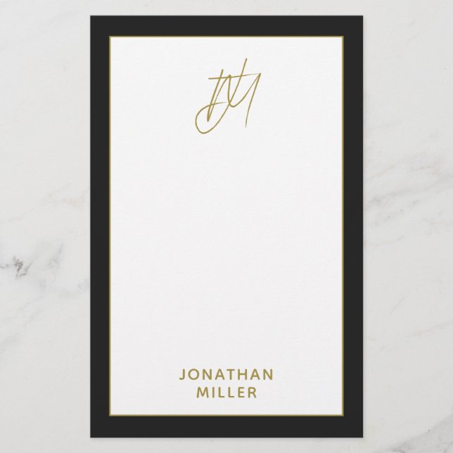 Modern Black Gold Monogram Stationery (Front)