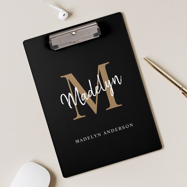 Modern Black Gold Monogram Stylish Script Name Clipboard (Creator Uploaded)