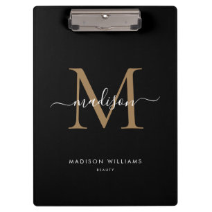 Modern Black Gold Monogram Stylish Script Name Clipboard