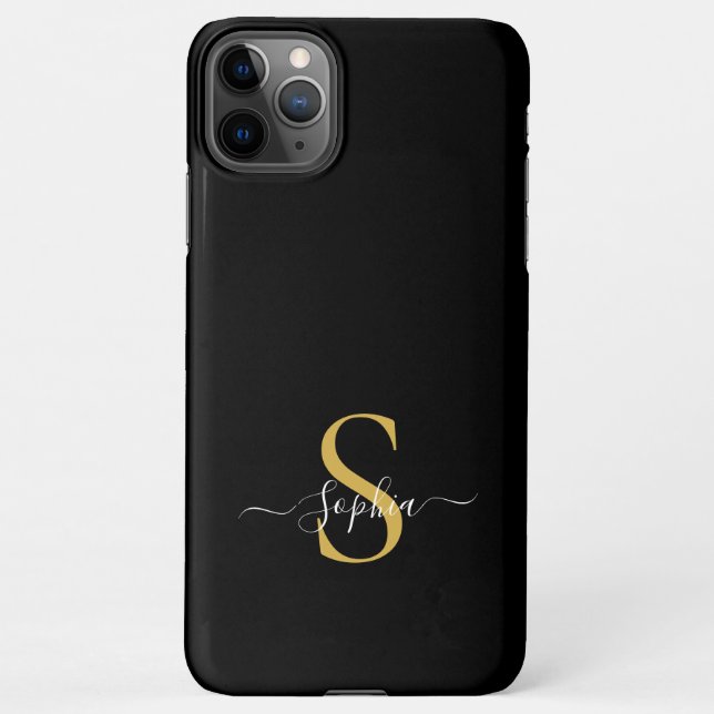 Modern Black Gold Monogram Stylish Script Name iPhone Case (Back)