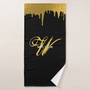 Modern Black & Gold Monogram Vintage Script  Bath Towel Set