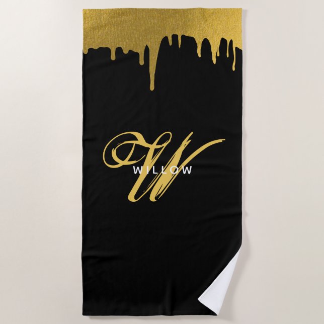 Modern Black & Gold Monogram Vintage Script   Beach Towel (Front)