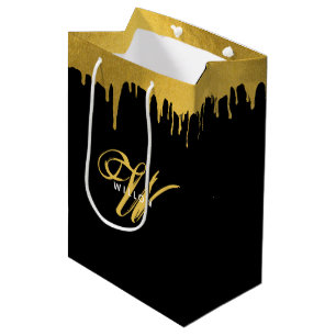 Modern Black & Gold Monogram Vintage Script   Medium Gift Bag