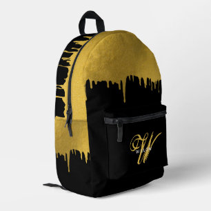Modern Black & Gold Monogram Vintage Script Printed Backpack