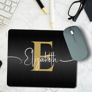 Modern Black Gold Monogrammed Girly Elegant Script Mouse Mat