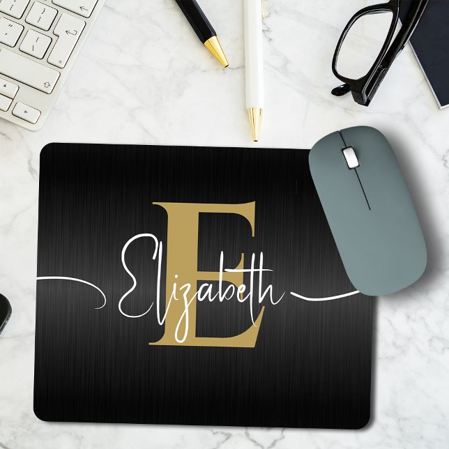 Modern Black Gold Monogrammed Girly Elegant Script Mouse Mat (Creator Uploaded)
