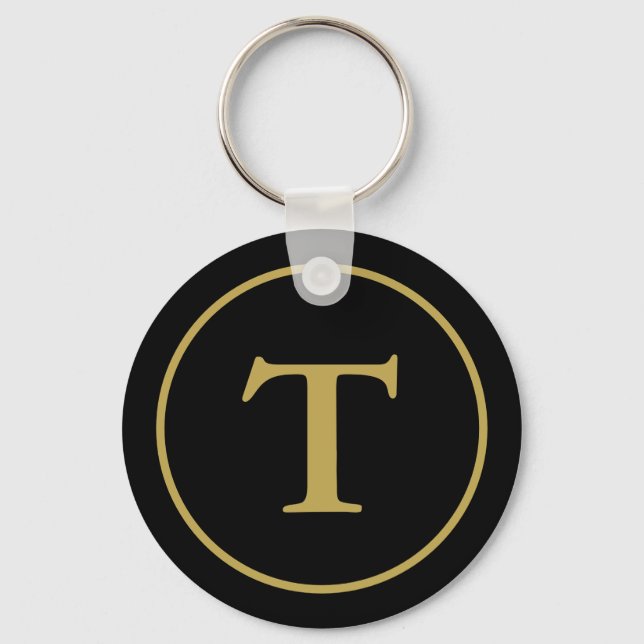 Modern Black & Gold Monogrammed  Key Ring (Front)