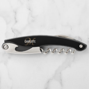 Modern black gold monogrammed name  waiter's corks corkscrew