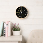 Modern Black Gold Name Home Office Room Decor Wood Clock<br><div class="desc">Custom, personalised, modern, unique, boho, contemporary, minimalist, snazzy cool classy design faux gold triangles hours, art deco retro faux gold script / typography black acrylic round wall clock with high-impact plexiglass crystal face and natural wood frame, for your nursery, kitchen, living room, bathroom, kids corner, home, office. Simply type in...</div>