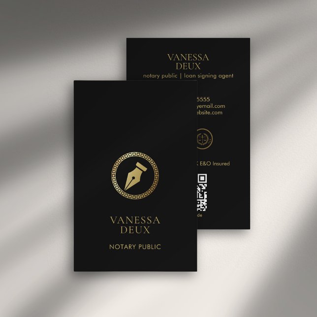 Modern Black & Gold Notary Pen QR Logo Elegant Business Card (Creator Uploaded)