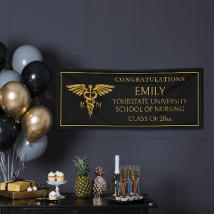 Modern Black Gold Nursing School RN Graduation Banner